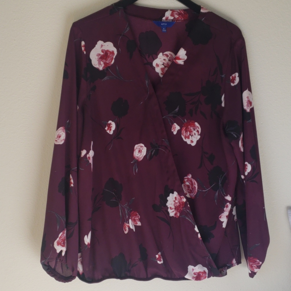 APT.9 MAROON FLORAL LONG SLEEVE BLOUSE - Picture 1 of 5